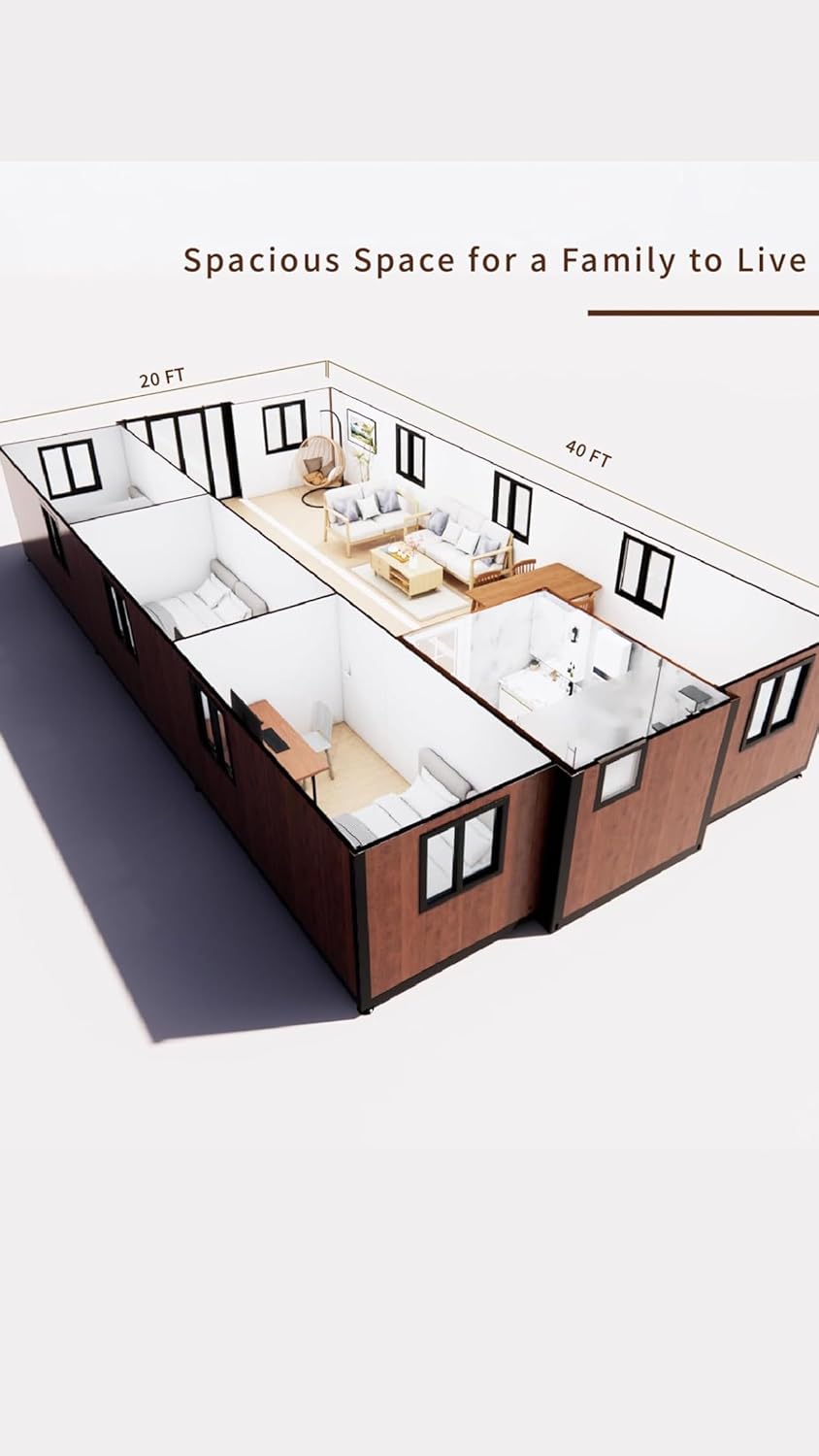 Tiny Homes 20FT Tiny House to Live in,Portable Prefab House with 4 Bedroom,1 Full Equiped Bathroom and Kitchen,Prefabricated Container House for Adults Living,Foldable