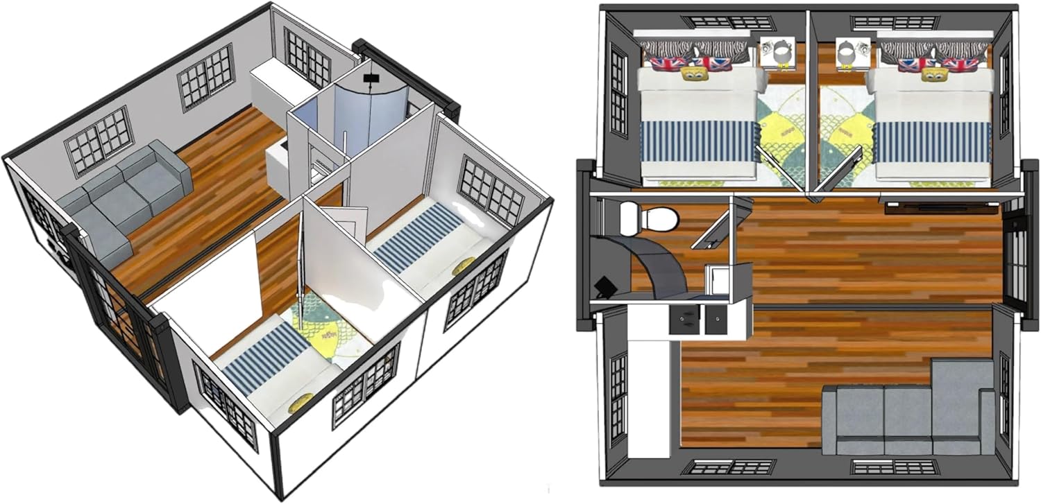 Tiny Homes 20FT Tiny House to Live in,Portable Prefab House with 4 Bedroom,1 Full Equiped Bathroom and Kitchen,Prefabricated Container House for Adults Living,Foldable