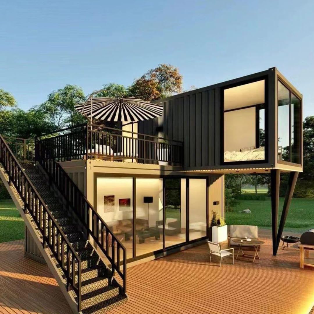 Luxury Two-Story Prefab Villa - Modular Shipping Container House with Living Room, Bathroom, Kitchen for Homes, Hotels, Offices (20Feet), Black & Brown, MZ-DOBLE1X1